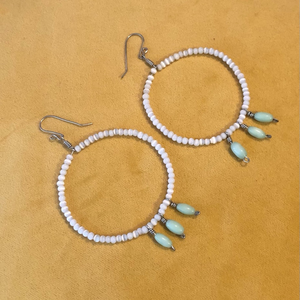 Festival Style Silver Dangle Hoop Earrings with White Beads and green oval beads